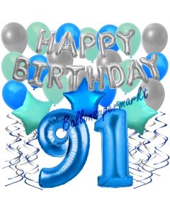 91. Geburtstag Dekorations-Set mit Ballons Happy Birthday Blue, 34 Teile