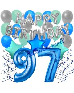 97. Geburtstag Dekorations-Set mit Ballons Happy Birthday Blue, 34 Teile