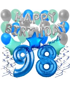 98. Geburtstag Dekorations-Set mit Ballons Happy Birthday Blue, 34 Teile