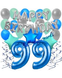 99. Geburtstag Dekorations-Set mit Ballons Happy Birthday Blue, 34 Teile