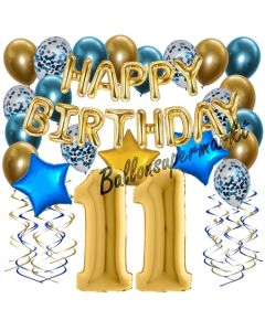 Dekorations-Set mit Ballons zum 11. Geburtstag, Happy Birthday Chrome Blue & Gold, 34 Teile