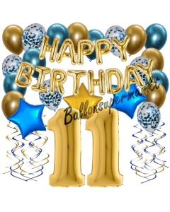 Dekorations-Set mit Ballons zum 11. Geburtstag, Happy Birthday Chrome Blue & Gold, 34 Teile