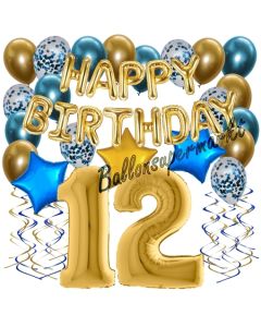 Dekorations-Set mit Ballons zum 12. Geburtstag, Happy Birthday Chrome Blue & Gold, 34 Teile