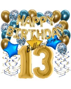 Dekorations-Set mit Ballons zum 13. Geburtstag, Happy Birthday Chrome Blue & Gold, 34 Teile