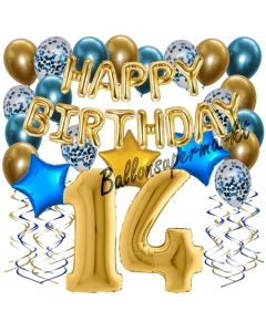 Dekorations-Set mit Ballons zum 14. Geburtstag, Happy Birthday Chrome Blue & Gold, 34 Teile