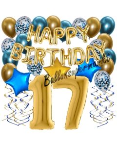 Dekorations-Set mit Ballons zum 17. Geburtstag, Happy Birthday Chrome Blue & Gold, 34 Teile