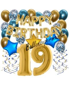 Dekorations-Set mit Ballons zum 19. Geburtstag, Happy Birthday Chrome Blue & Gold, 34 Teile