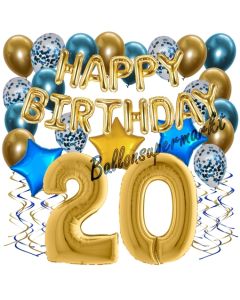 Dekorations-Set mit Ballons zum 20. Geburtstag, Happy Birthday Chrome Blue & Gold, 34 Teile