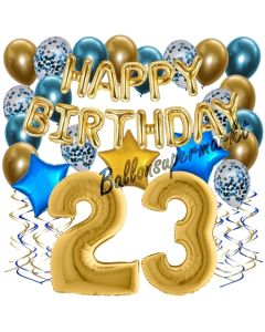 Dekorations-Set mit Ballons zum 23. Geburtstag, Happy Birthday Chrome Blue & Gold, 34 Teile