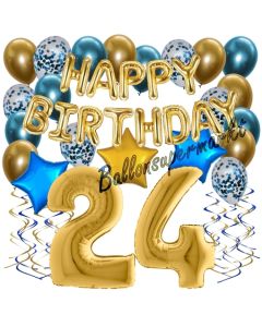 Dekorations-Set mit Ballons zum 24. Geburtstag, Happy Birthday Chrome Blue & Gold, 34 Teile