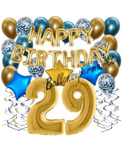 Dekorations-Set mit Ballons zum 29. Geburtstag, Happy Birthday Chrome Blue & Gold, 34 Teile