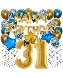 Dekorations-Set mit Ballons zum 31. Geburtstag, Happy Birthday Chrome Blue & Gold, 34 Teile