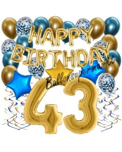 Dekorations-Set mit Ballons zum 43. Geburtstag. Geburtstag, Happy Birthday Chrome Blue & Gold, 34 Teile