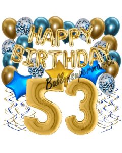 Dekorations-Set mit Ballons zum 53. Geburtstag. Geburtstag, Happy Birthday Chrome Blue & Gold, 34 Teile