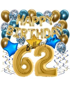Dekorations-Set mit Ballons zum 62. Geburtstag. Geburtstag, Happy Birthday Chrome Blue & Gold, 34 Teile