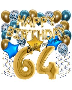 Dekorations-Set mit Ballons zum 64. Geburtstag, Happy Birthday Chrome Blue & Gold, 34 Teile