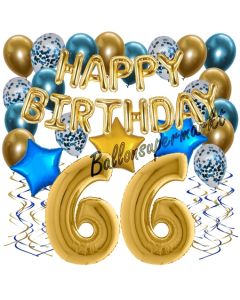 Dekorations-Set mit Ballons zum 66. Geburtstag, Happy Birthday Chrome Blue & Gold, 34 Teile