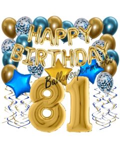 Dekorations-Set mit Ballons zum 81. Geburtstag, Happy Birthday Chrome Blue & Gold, 34 Teile