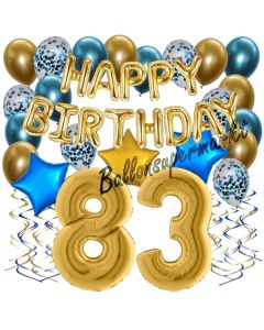 Dekorations-Set mit Ballons zum 83. Geburtstag, Happy Birthday Chrome Blue & Gold, 34 Teile