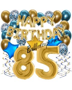 Dekorations-Set mit Ballons zum 85. Geburtstag, Happy Birthday Chrome Blue & Gold, 34 Teile