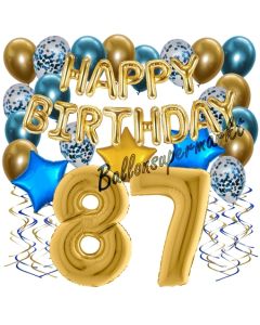Dekorations-Set mit Ballons zum 87. Geburtstag, Happy Birthday Chrome Blue & Gold, 34 Teile