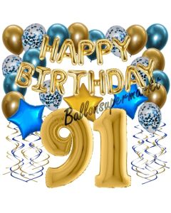 Dekorations-Set mit Ballons zum 91. Geburtstag, Happy Birthday Chrome Blue & Gold, 34 Teile
