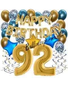 Dekorations-Set mit Ballons zum 92. Geburtstag, Happy Birthday Chrome Blue & Gold, 34 Teile