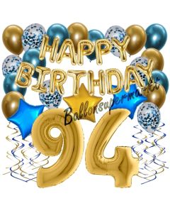 Dekorations-Set mit Ballons zum 94. Geburtstag, Happy Birthday Chrome Blue & Gold, 34 Teile