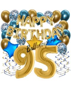Dekorations-Set mit Ballons zum 95. Geburtstag, Happy Birthday Chrome Blue & Gold, 34 Teile