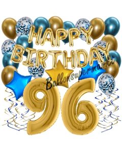 Dekorations-Set mit Ballons zum 96. Geburtstag, Happy Birthday Chrome Blue & Gold, 34 Teile