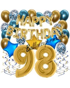 Dekorations-Set mit Ballons zum 98. Geburtstag, Happy Birthday Chrome Blue & Gold, 34 Teile