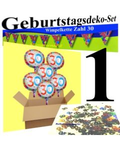 Geburtstagsdeko-Set 1 zum 30. Geburtstag, Wimpelkette Zahl 30, Tischkonfetti 30 und 10 Heliumballons Zahl 30