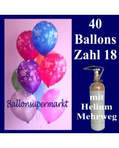 Geburtstagsdekoration, 40 Luftballons Zahl 18, zum 18. Geburtstag mit Helium-Mehrweg