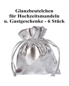 Glanzbeutel für Hochzeitsmandeln und Gastgeschenke, Silber, 6 Stück