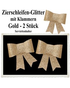 Glitter-Zierschleifen, Schleifendekoration Gold, 2 Schleifen mit Klammern, 6,5 cm x 6,5 cm