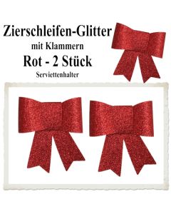 Glitter-Zierschleifen, Schleifendekoration Rot, 2 Schleifen mit Klammern, 6,5 cm x 6,5 cm