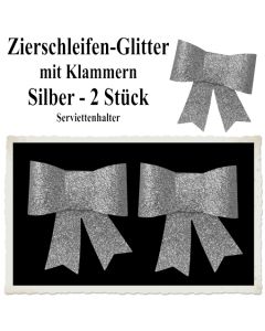 Glitter-Zierschleifen, Schleifendekoration Silber, 2 Schleifen mit Klammern, 6,5 cm x 6,5 cm