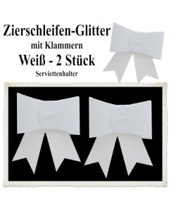 Glitter-Zierschleifen, Schleifendekoration Weiß, 2 Schleifen mit Klammern, 6,5 cm x 6,5 cm