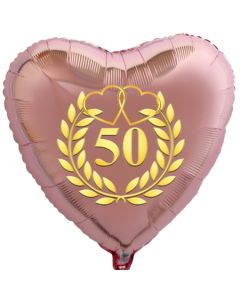 Herzballon aus Folie, 50 mit goldenem Kranz und goldenen Herzen, roségold, mit Ballongas Helium, Dekoration Goldene Hochzeit