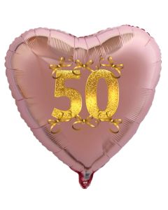 Roségoldener Herzballon aus Folie, 50 mit Schleifen in Gold, inklusive Ballongas Helium, Dekoration Goldene Hochzeit