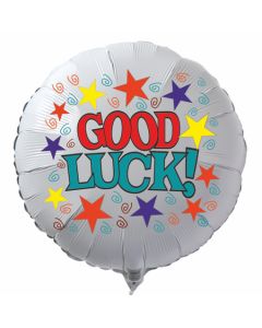 Good Luck! Viel Glück! Weißer Luftballon aus Folie mit Ballongas Helium. Ballongruß