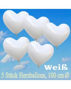 Große Herzluftballons, 100 cm, Weiß, 5 Stück