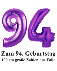 Zahlendekoration Zahl 94, Lila, Große Luftballons aus Folie,1 Meter hoch, Folienballons Dekozahlen