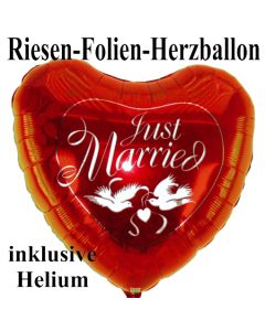 Großer Herzluftballon aus Folie zur Hochzeit, Just Married, roter Folienballon inklusive Helium