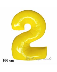 Zahl 2, Gelb, Luftballon aus Folie, 100 cm mit Helium