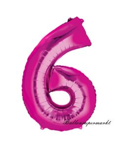 Zahlendekoration Zahl 6, Pink, sechs, Großer Luftballon aus Folie, 1 Meter hoch, Folienballon Dekozahl