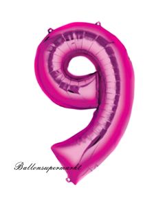 Zahlendekoration Zahl 9, Pink, Neun, Großer Luftballon aus Folie, 1 Meter hoch, Folienballon Dekozahl