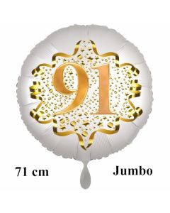 Großer Zahl 91 Luftballon aus Folie zum 91. Geburtstag, 71 cm, Weiß/Gold, heliumgefüllt