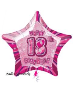 Rosa Luftballon aus Folie zum 18. Geburtstag, Happy 18TH Birthday, Prismatik Sternballon 50 cm