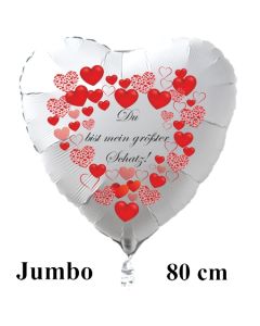 Großer Herzluftballon in Weiß "Du bist mein größter Schatz!" zum Valentinstag mit roten Herzen